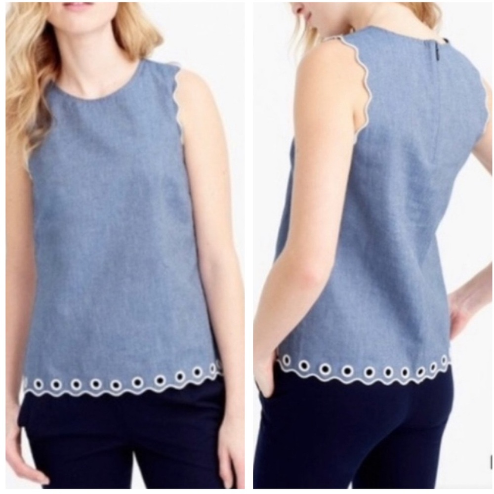 J. Crew Chambray Scalloped Top Grommets Eyelets Sleeveless with White Trim 2